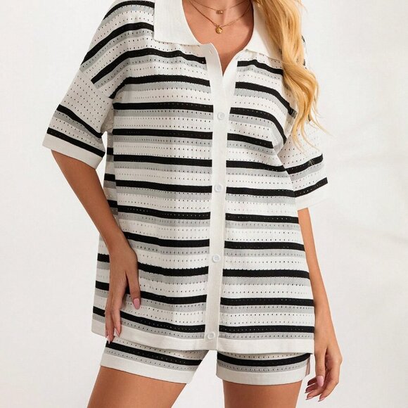 Black Casual Women's Stripe Contrast Button Crochet Knit Tops & Shorts Set - Picture 7 of 10